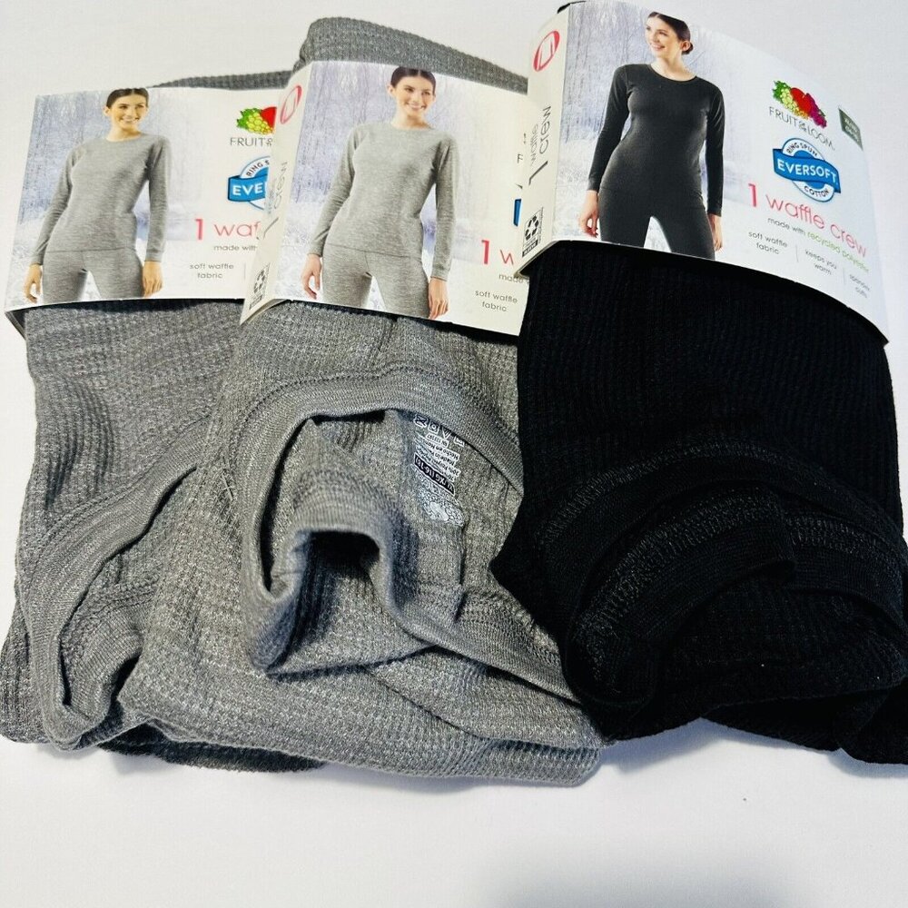 Womens XL 16 18 Fruit Of The Loom Waffle Crew Shirt Gray Black Thermals (3 Pack)